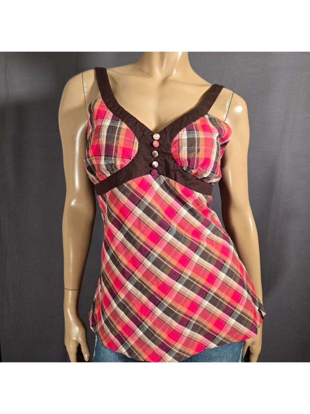 Y2K Plaid Babydoll Top Size M Brown pink Burgundy Sleeveless 2000s Preppy Twee